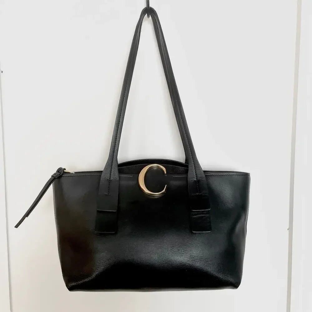 Chloe Shiny Black Leather C Zip Top Shopper Tote Shoulder Bag Carryall Small